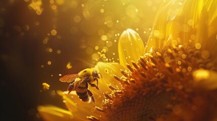Macro bumblebee on sunflower, pollen basket clear, morning light