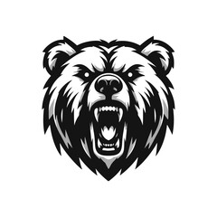 Vector logo of an angry bear. Black and white illustration of a bear head, suitable for tattoos, logos, branding.