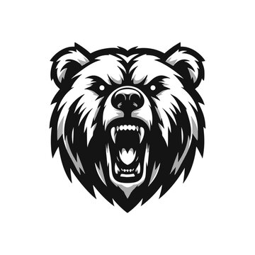 Vector logo of an angry bear. Black and white illustration of a bear head, suitable for tattoos, logos, branding.