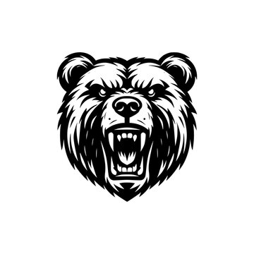 Vector logo of an angry bear. Black and white illustration of a bear head, suitable for tattoos, logos, branding.