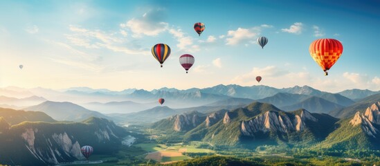 bunch of colorful hot air Balloons flying in the air with a view of the mountains in the morning, sunny weather