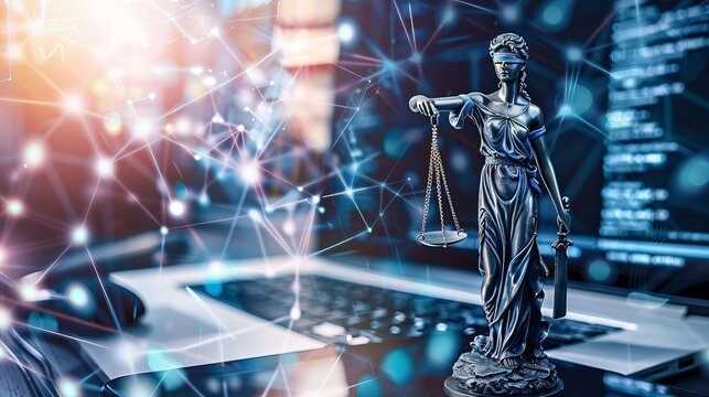 The integration of technology in legal court proceedings is highlighted by the presence of law trial tech and a laptop