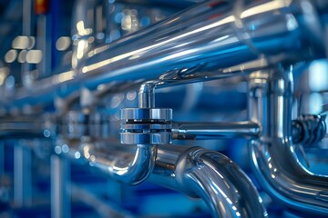 Modern stainless steel piping system in an industrial water treatment facility. Concept Steel Piping Applications, Industrial Water Treatment, Modern Infrastructure, Sustainable Engineering