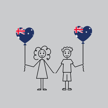 australian children, love Australia sketch, girl and boy with a heart shaped balloons, black line vector illustration