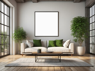 An empty poster frame is on the wall in the living room interior, which has modern furniture and excellent green plant decoration, a white sofa, and a window with bright sunlight. This is a rendering.