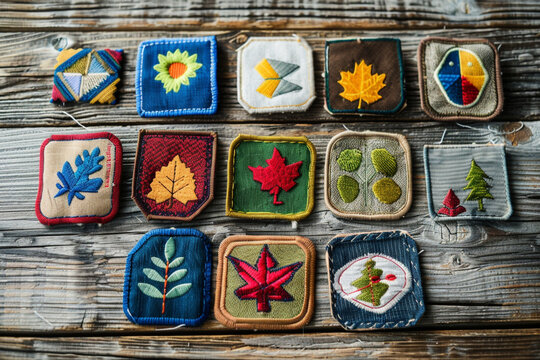 photograph of a set of fabric patches displayed on a wooden surface, blank and ready for iron-on designs or hand-stitched artwork
