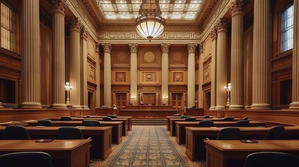 The Supreme Court's empty courtroom awaits, with its grand wooden design, judge's bench, and tables set for the upcoming civil case hearing - obrazy, fototapety, plakaty