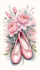 Lovely pink ballerina slippers and flowers illustration. - obrazy, fototapety, plakaty