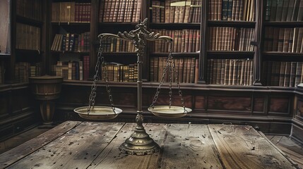 Vintage-style photo of weight scales in a court's library captures the timeless essence of law - obrazy, fototapety, plakaty