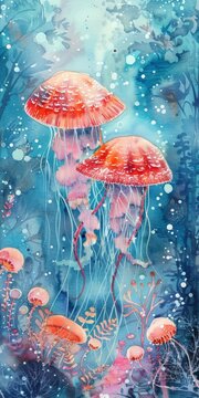 Mushroom and jellyfish combined into one underwater scene Watercolor illustration - Childrens storybook illustration in whimsical fairytale style created with Generative AI Technology