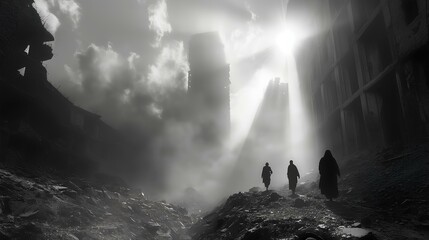 a desperate Post-Apocalypse world view, three people are walking through a ruined city in pitch darkness, horror, fear, gloom, darkness. generative AI - obrazy, fototapety, plakaty