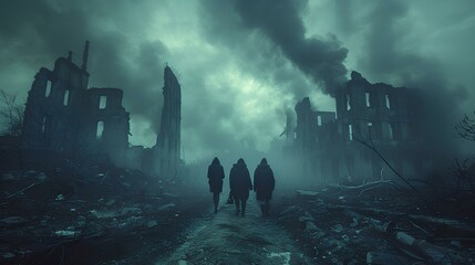 a desperate Post-Apocalypse world view, three people are walking through a ruined city in pitch darkness, horror, fear, gloom, darkness. generative AI