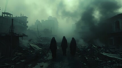 a desperate Post-Apocalypse world view, three people are walking through a ruined city in pitch...
