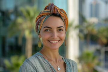 A woman wearing a colorful scarf and necklace is smiling - obrazy, fototapety, plakaty