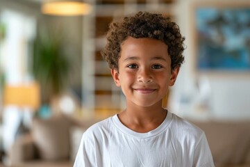 A young boy with curly hair is smiling for the camera
