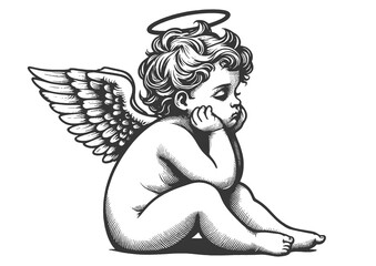 Bored cupid angel baby sketch PNG illustration with transparent background