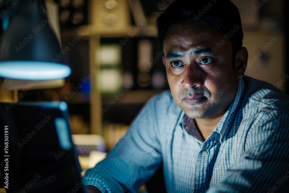 Poster in a dimly lit room, an obscured man focuses intensely on his computer screen, indicating a late wor