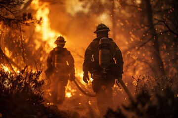 Firefighting efforts amidst a backdrop of raging forest fire - obrazy, fototapety, plakaty