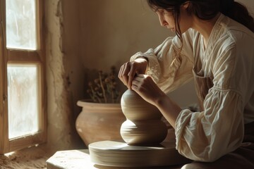 Delicate hands of a potter fine-tune the shape of a bowl on a pottery wheel, capturing the essence of handcrafted art - obrazy, fototapety, plakaty