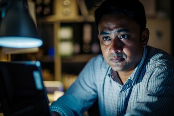 Obraz premium In a dimly lit room, an obscured man focuses intensely on his computer screen, indicating a late work session