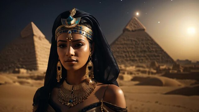 Egyptian princess in front of pyramids and moon