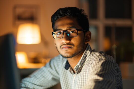 Image capturing a moment at night, where a man in a checkered shirt is absorbed by the glow of his computer