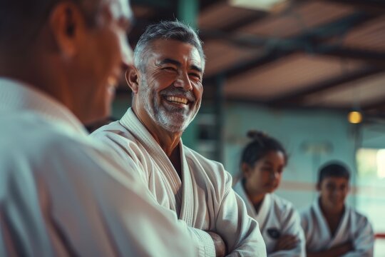 A charismatic martial arts instructor shares a laugh with his students, portraying a sense of camaraderie and respect