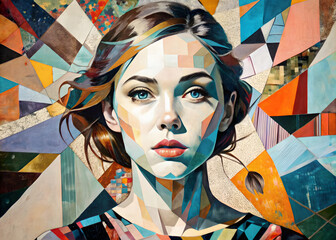 Abstract modern art collage portrait of young woman Trendy paper collage composition