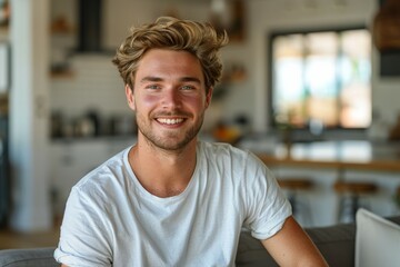 A man with a white shirt and blonde hair is smiling in a kitchen - obrazy, fototapety, plakaty