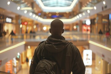 A man wearing a black jacket and backpack stands in a mall