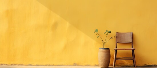 A simple wooden chair placed against a bright yellow wall with a potted plant in a clear vase on top
