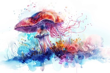Obraz na płótnie Canvas Mushroom and jellyfish combined into one underwater scene Watercolor illustration - Childrens storybook illustration in whimsical fairytale style created with Generative AI Technology