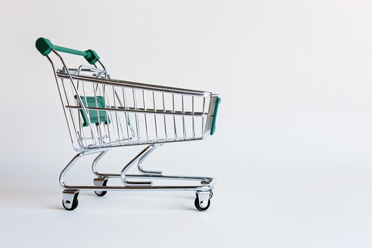A clean and simple image of an empty shopping cart suggesting concepts of shopping and consumerism on a plain background