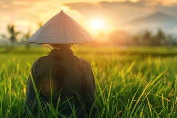 Foto op Canvas The sunsets dazzlingly behind a farmer donning a traditional straw hat amid a lush green rice field © ChaoticMind