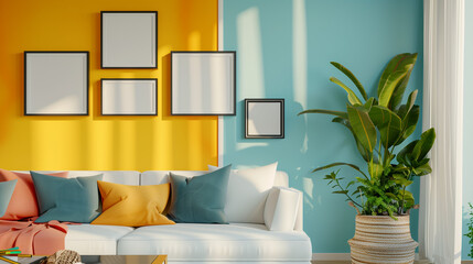 A mockup Image of a Photo Frame in a bright and colorful living room
