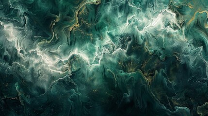 Striking abstract art piece with a dynamic fusion of green hues and liquid marbling technique to highlight fluid movement