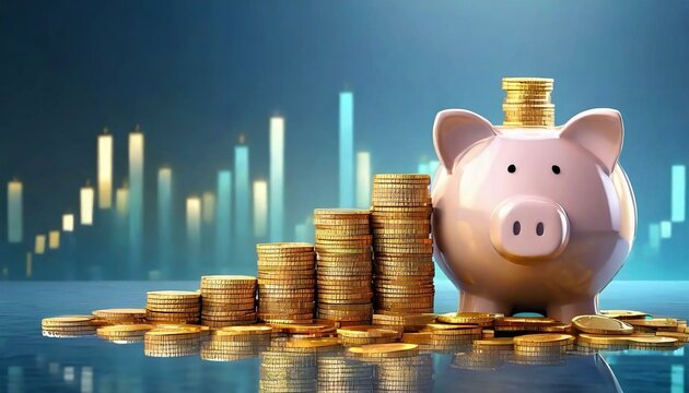 Illustration of a piggy bank with stacks of coins and stock growth chart on the stock exchange on blue background with space for text.
