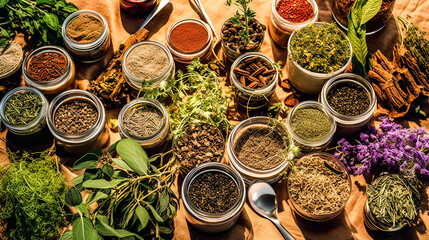 A wooden table with a variety of spices and herbs in small bowls. - obrazy, fototapety, plakaty