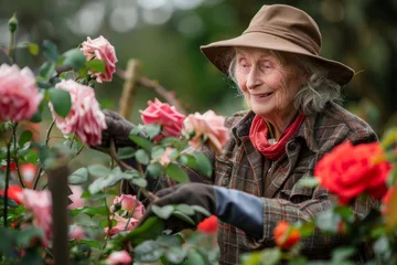 Foto op Canvas Smiling elderly lady in a hat caring for red roses in her lush garden, a symbol of passion for life © ChaoticMind