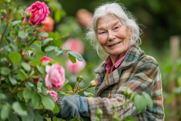 Warm smile of a senior woman amidst vibrantly pink roses in a lush garden setting