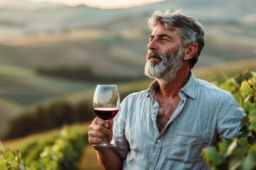 A man with a gray beard savors a glass of wine with a content expression, amidst rolling hills of a vineyard