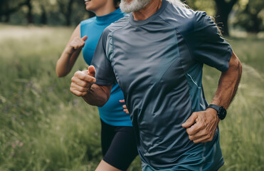 Fototapeta premium a happy and healthy senior couple running in a park