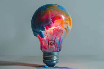 A light bulb with a colorful light inside of it on a table top with a white background and a blue