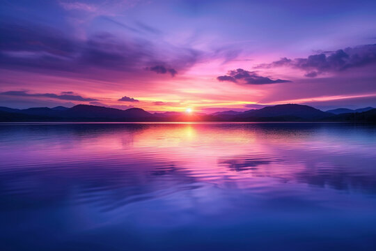 a placid lake at sunset, the silky water reflecting the vibrant colors of the sky
