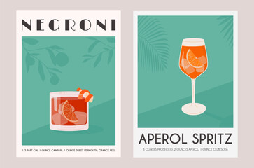 Aperol Spritz and Negroni Cocktail in glass with ice and orange slice. Summer Italian aperitif retro poster set. Wall art alcoholic beverage garnish with orange twist. Vector flat illustration.