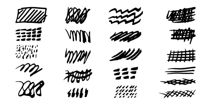 Brushes and elements for notes highlighting text. Squares circles lines wavy strokes. Vector illustration...