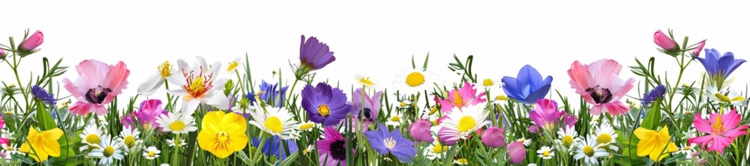 Obraz na płótnie Canvas Flowers border with transparent background, spring grass, panoramic scale