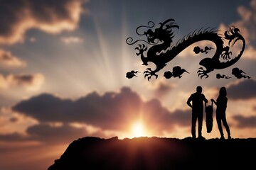 Silhouette of family and big dragon for 2024 Year concept