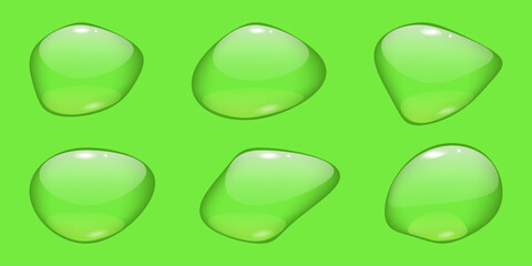 Transparent liquid forms water drops isolated set. Shape refracts light. Green background. Realistic volumetric drops. Banner and flyer design. Vector illustration.