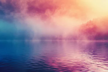 Poster Natural landscape of lake with mist and orange and blue tones © Iridium Creatives